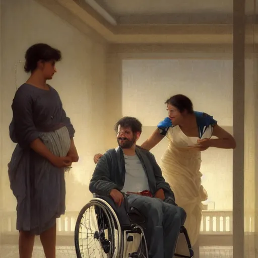 Image similar to a male patient in a wheelchair in the hospital with his wife and son standing by. happy, cheerful, smiling, intricate, face enhance, sharp focus, cinematic lighting, featured in artistation, 8 k, art by greg rutkowski, william adolphe bouguereau