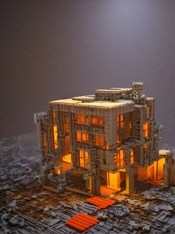 Image similar to mega detailed miniature voxel diorama abandoned research facility, brutalism architecture, suburban, hard lights are on in the windows, dark night, fog, winter, blizzard, uncozy and not peaceful atmosphere, row of street lamps with warm orange light, several ruins nearby, 1 9 6 0