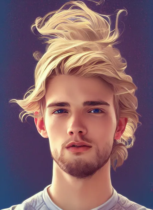 Prompt: handsome young man with shoulder length blond hair, half body shot, path traced, highly detailed, high quality, digital painting, alena aenami, lilia alvarado, shinji aramaki, karol bak, alphonse mucha, tom bagshaw