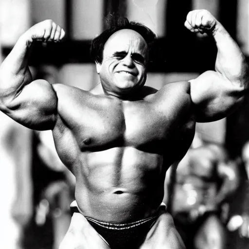 Image similar to photograph of danny devito as a professional bodybuilder, happy facial expression, black and white photograph, 3 5 mm