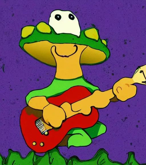 Image similar to a toad playing guitar on a mushroom