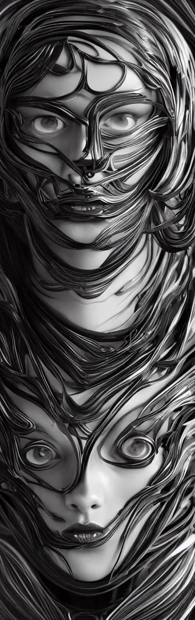 Image similar to epic sketch, digital abstract sculpt of beautiful female face body and black swirling latex acrylic portrait, black latex sculpt, minimalism, mechanical superstructure, sacred geometry, 8 k, cinematic, magic hour, beautiful light, sculpture of carving marble, dark colors, filigree ornaments, one point light, clockwork, epic matte painting, concept art, bokeh, digital painting