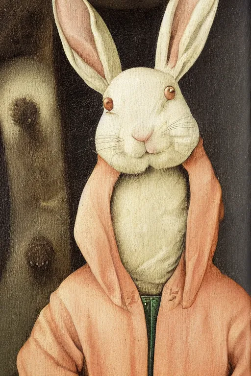 Image similar to silly hieronymus bosch oil painting portrait of a bunny in a coat. muted colour palette