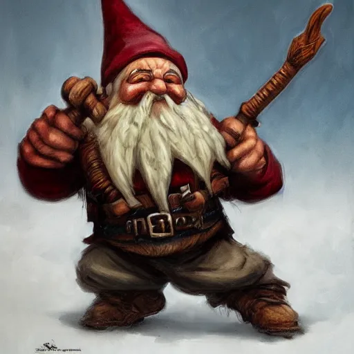 Image similar to a gnome with a brown beard smashing through a door with a battle axe, realistic, detailed, trending on ArtStation, by Gerald Brom