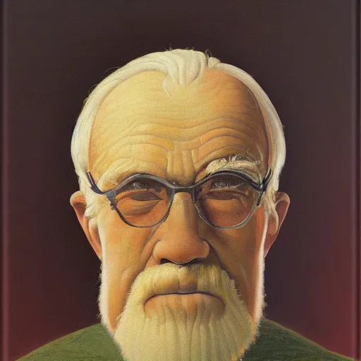 Image similar to detailing character concept portrait of old man by Grant Wood, on simple background, oil painting, middle close up composition