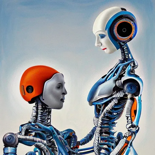 Prompt: conceptual painting about the symbiosis between artificial intelligence, robots humans and nature