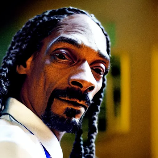 Image similar to a film still of Snoop Dogg starring as The Joker, 40mm lens, shallow depth of field, split lighting, cinematic