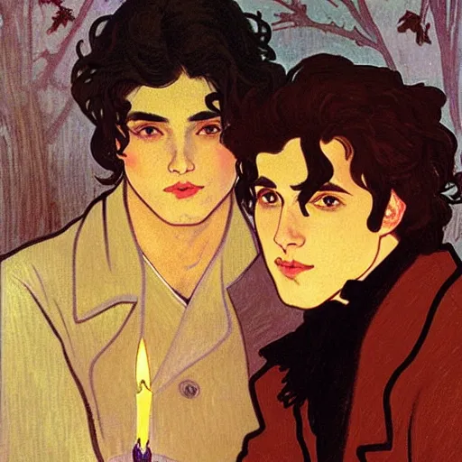 Image similar to painting of young cute handsome beautiful dark medium wavy hair man in his 2 0 s named shadow taehyung and cute handsome beautiful min - jun together at the halloween! party, bubbling cauldron!, candles!, smoke, autumn! colors, elegant, wearing suits!, clothes!, delicate facial features, art by alphonse mucha, vincent van gogh, egon schiele