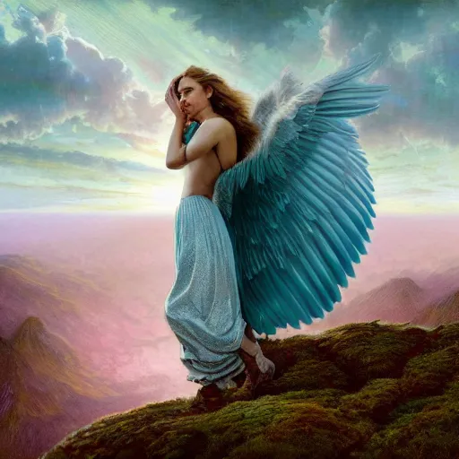 Image similar to royalty angel, big wings, argentina, natalie portman, hudson river school, max rive, full plate armor, f 1 6, bokeh, gentle, female, snowy mountain, storm clouds, god rays, close up portrait, d & d, fantasy, elegant, teal pink white gold color palette, concept art, roger deakins and greg rutkowski and alphonse mucha