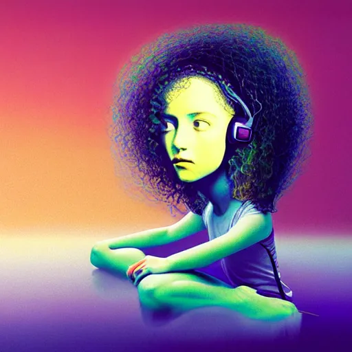 Prompt: crazy abstract full shot painting of a girl with curly hair in headphones sitting near the lake of musical notes, bleach bypass, depth, by Gediminas Pranckevicius and James Jean