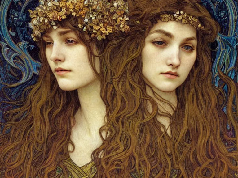 Image similar to detailed realistic beautiful young medieval queen face portrait by jean delville, alphonse mucha, vincent van gogh, and marco mazzoni, art nouveau, symbolist, visionary, gothic, pre - raphaelite