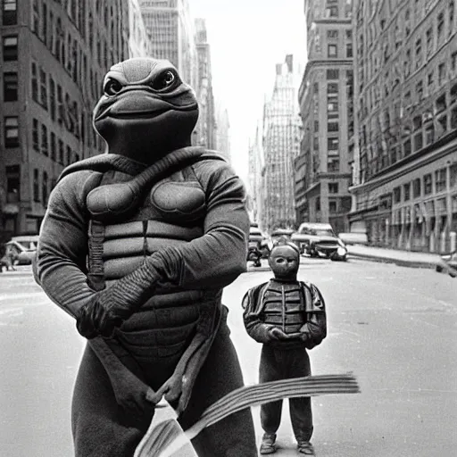 Image similar to Beautiful Portrait Photograph from 1950s of a ninja turtle in the middle of a New York street,