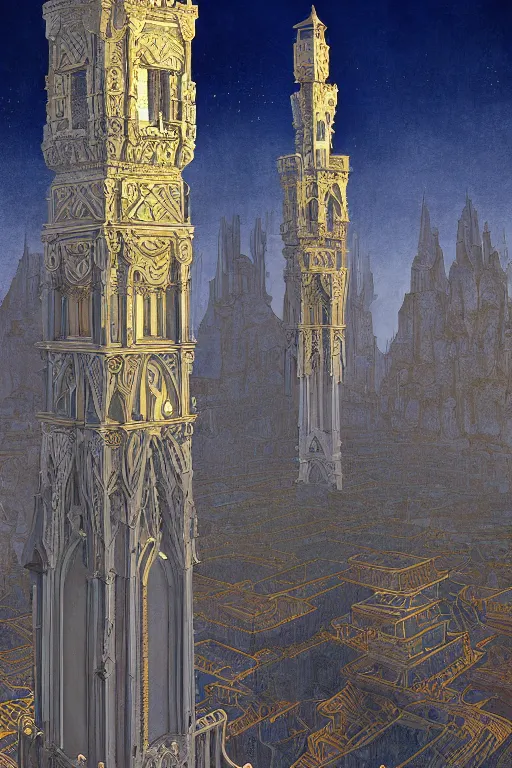 Prompt: ancient silver tower of the moon, distance view, fairytale illustration, elaborate carved latticed balconies, tall windows, moorish architecture, formal gardens, dramatic cinematic lighting, soft colors, golden age illustrator, unreal engine, by Andreas Rocha and Ludwig Deutsch and (Maxfield Parrish)