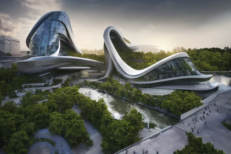 Prompt: a stunningly detailed building designed by Zaha Hadid, surrounded by lush green forest, fountains and waterfalls, stunning volumetric lighting, sunset, metal, concrete, glass, stunning skies, trending on Artstation, 8k, photorealistic, hyper detailed, unreal engine 5, Rhinoceros 3D, IMAX quality, cinematic, epic lighting, in the style of Greg Rutkowski