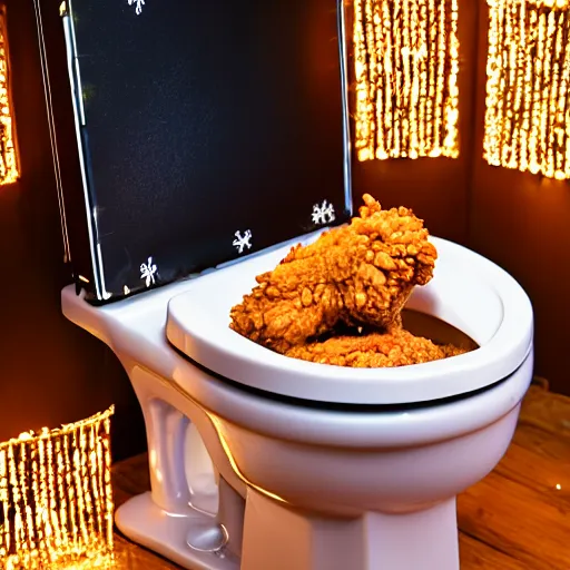 Image similar to open toilet with fried chicken inside of it, christmas lights attached