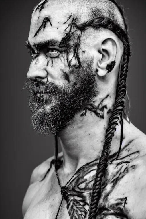 Prompt: a cinematic view of wide bw photo from a very ornated old shavo odadjian viking, half shaved haircut, braided beard, showing nordic tattoos in the head, scars in the face, feather earing, using leather armour with necklace of claws, marvelous expression, photorealistic, volummetric light, detailed, texturized, zeiss lens high professional mode