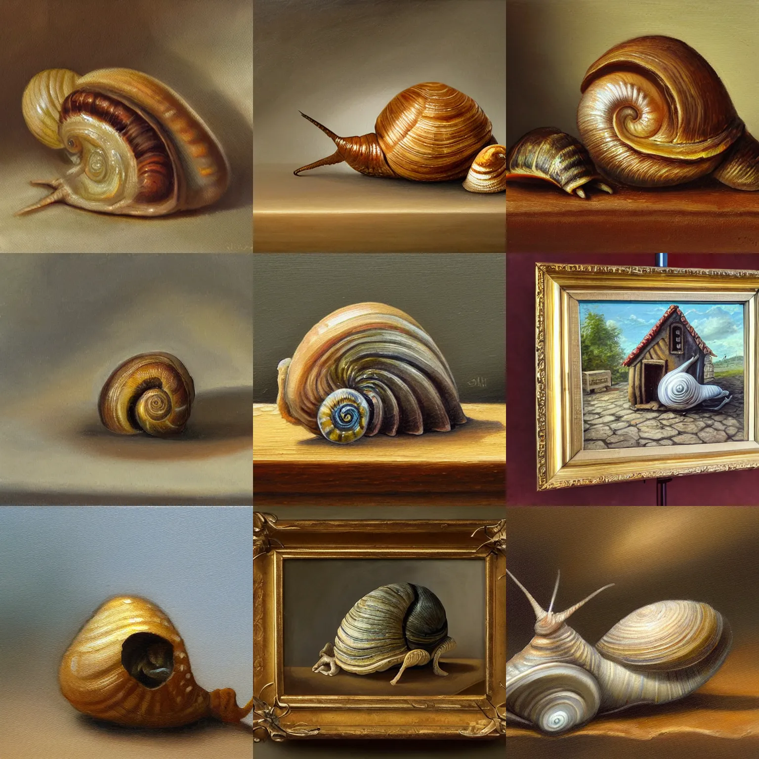 Prompt: highly detailed, artstation, oleo, sharp focus, an oil painting of a snail with a small european house as a shell, snail in a house