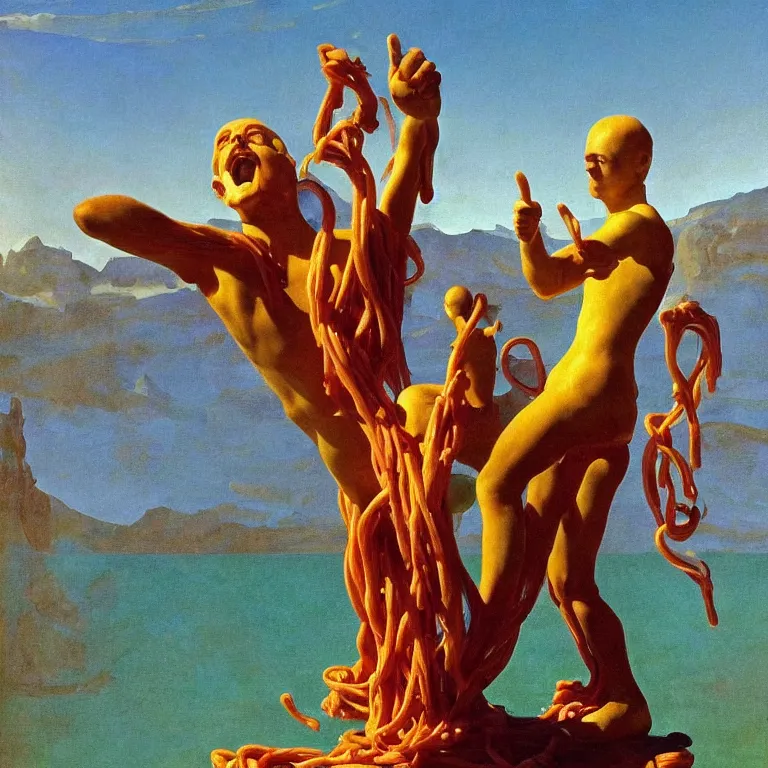 Prompt: A Monumental Public Sculpture of a Hand Making Thumbs Up Gesture made out of Gummy Spaghetti on a pedestal by the lake, surreal oil painting by John Singer Sargent and Maxfield Parrish and Max Ernst shocking detail hyperrealistic studio lighting