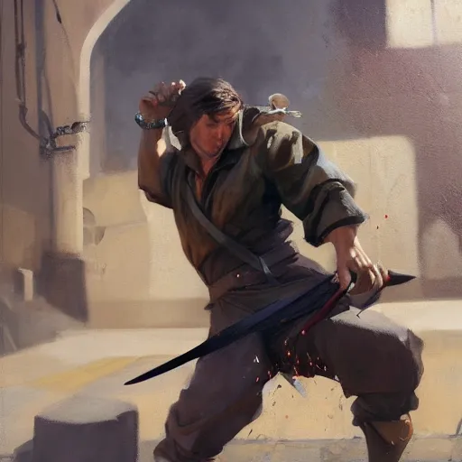 Image similar to greg manchess portrait of a man falling over a sword stuck between cobblestones, profile picture, organic painting, sunny day, matte painting, bold shapes, hard edges, street art, trending on artstation, by huang guangjian, gil elvgren, ruan jia, randy vargas, greg rutkowski