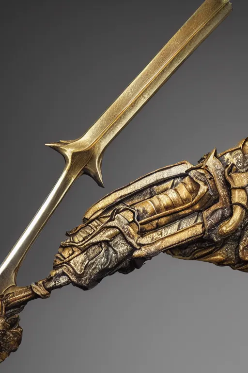 Prompt: photo taken of an epic intricate, ultra detailed, super realistic gritty, longsword weapon hero props, created by weta workshop, zoomed in shots, photorealistic, sharp focus, white wall coloured workshop, cold colour temperture, f 0. 4, face centred, golden ratio, golden hour