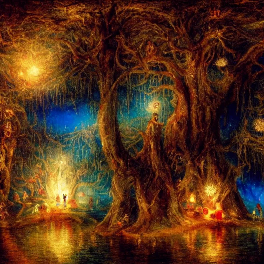 Prompt: closeup of a night carnival inside a magical tree cavity, with a surreal orange moonlight and fireworks, next to a lake with iridiscent water, christmas lights, folklore animals and people disguised as fantastic creatures in a magical forest by summer night, masterpiece painted by turner, scene by night, dark night environment, refraction lights, glares