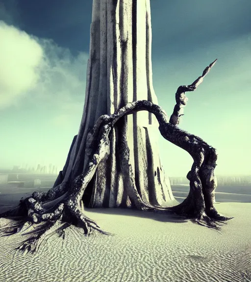 Prompt: surreal memorial of massive inverted roots, vertical veins of white sand, ancient futuristic tower, octane render, unreal engine, foggy sky, wide angle, trending on artstation