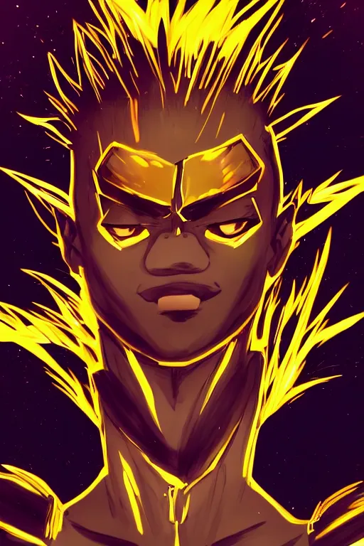 Image similar to glowing black male anime character, golden hair, yellow eyes, symmetrical, highly detailed, digital art, sharp focus, trending on art station, crazy hair, electricity superpowers, anime art style