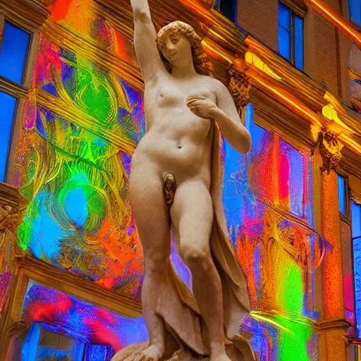 Image similar to renaissance statue surrounded by neon abstract art, highly detailed