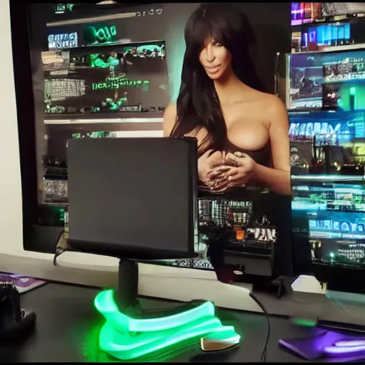 Prompt: live still of kim kardashian as a twitch streamer, gaming room,