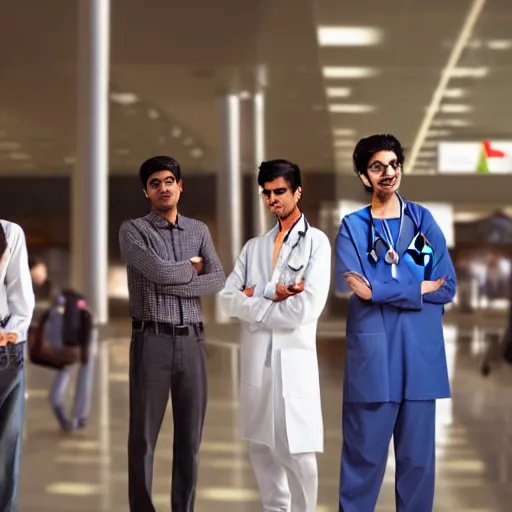 Image similar to Anxious good looking young Indian doctors in American clothes waiting at an airport, by Feng Zhu, highly detailed, excellent composition, cinematic concept art, dramatic lighting, trending on ArtStation