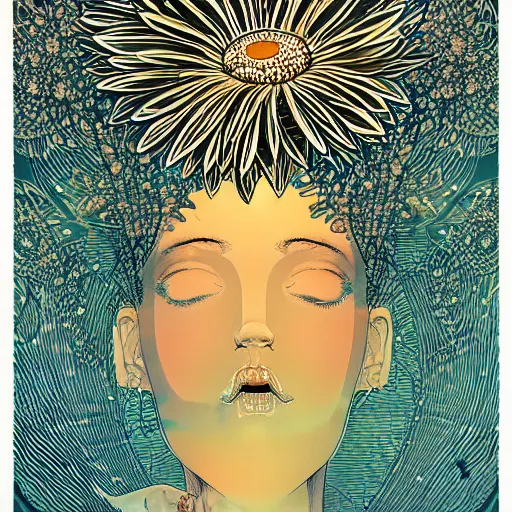 Image similar to closeup, huge daisy flower as a head, woman standing in modern apartment, surreal, dramatic light, by victo ngai by james jean, by rossdraws, frank franzzeta, mcbess