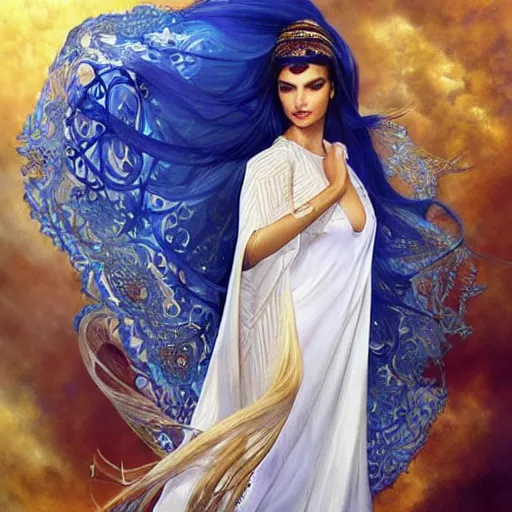 Image similar to a beautiful arabian woman wearing a white kaftan by karol bak, ayami kojima, artgerm, arabian beauty, blue eyes, smile, concept art, fantasy