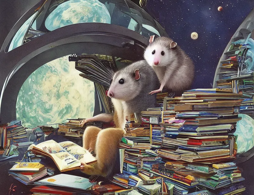 Prompt: student possum reading a book in a cluttered library inside a futuristic spacecraft with views of the universe, chris moore