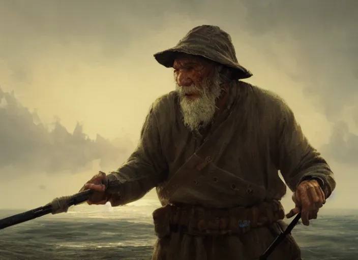 Prompt: close up cinematic artwork of a random old fisherman holding a fishing rod, staring down the enemy on the battlefield by Greg Rutkowski, 4k, masterpiece