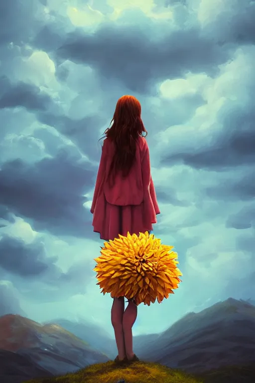 Image similar to closeup perspective, giant dahlia flower over the head, girl standing on mountain, surreal photography, blue storm clouds, dramatic light, impressionist painting, digital painting, artstation, simon stalenhag