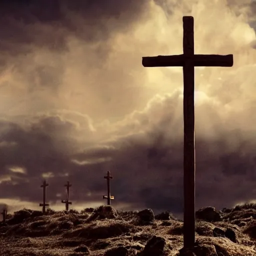 Image similar to cinematic still of three crosses on calvary hill, miraculous cloudy backdrop, Biblical epic movie directed by Peter Jackson, wallpaper, hd