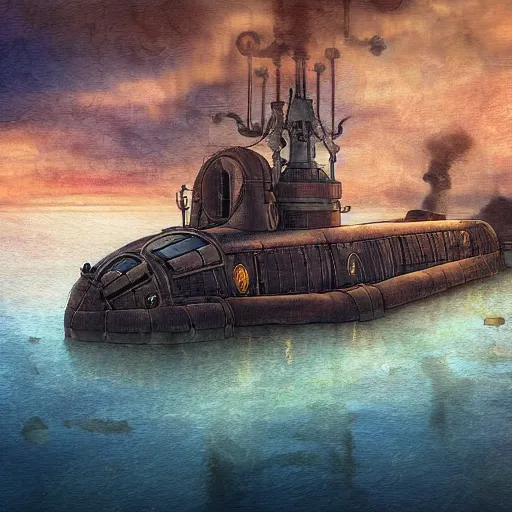 Image similar to steampunk submarine near a dock, digital art, painterly style, epic composition, hd, 4 k, professional, intricate detail