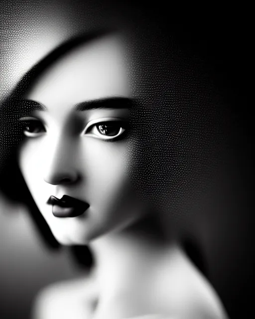 Image similar to black and white dreamy young beautiful female artificial intelligence, metropolis, cinematic, rim light, bokeh, photo - realistic, elegant, high detail, 8 k, masterpiece, photo taken in 1 9 3 0