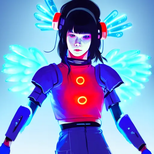 Image similar to a beautiful! bjork model, wearing futuristic cyber leather with articulate! glowing colored led lights, jrpg aztec street fashion, gapmoe yandere grimdark, trending on pixiv fanbox, painted by greg rutkowski makoto shinkai takashi takeuchi studio ghibli, akihiko yoshida