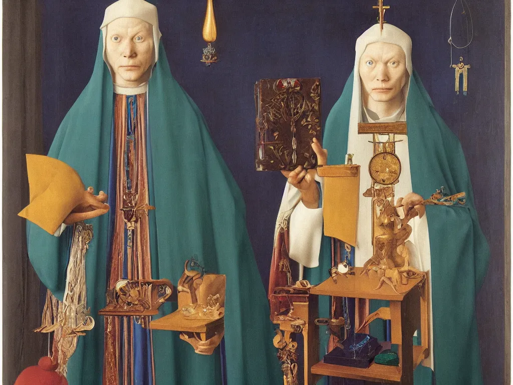 Prompt: Portrait of albino mystic with blue eyes, with Catholic reliquary. Painting by Jan van Eyck, Audubon, Rene Magritte, Agnes Pelton, Max Ernst, Walton Ford