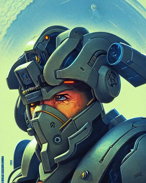 Image similar to reinhardt from overwatch, character portrait, portrait, close up, concept art, intricate details, highly detailed, vintage sci - fi poster, retro future, in the style of chris foss, rodger dean, moebius, michael whelan, and gustave dore