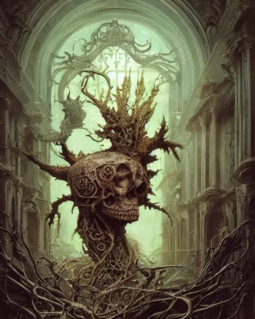 Prompt: a beautiful detailed front view of a dead rotten skull with ornate growing around, ornamentation, baroque architecture, elegant, beautifully soft lit, by wayne barlowe, peter mohrbacher, kelly mckernan
