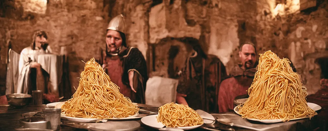 Image similar to knights protecting a giant mound of spaghetti, in a medieval castle, canon 5 0 mm, super detailed face, facial expression, cinematic lighting, photography, retro, film, kodachrome