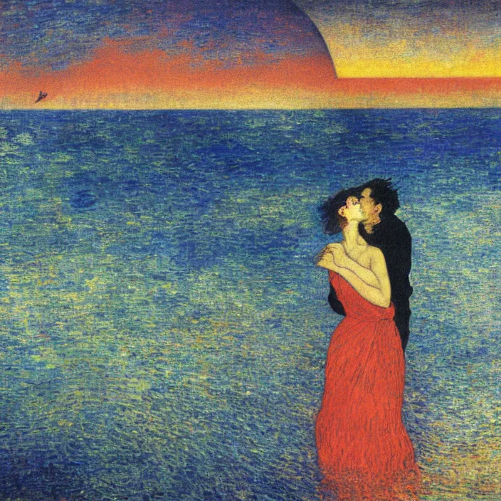 Prompt: close view of woman and man kissing at the edge of the ocean with tsunami great wave sun setting through the storm clouds. lapis - lazuli. iridescent, vivid psychedelic colors. painting by jean delville, ciurlionis mikalojus konstantinas, schiele, henri de toulouse - lautrec, utamaro, monet