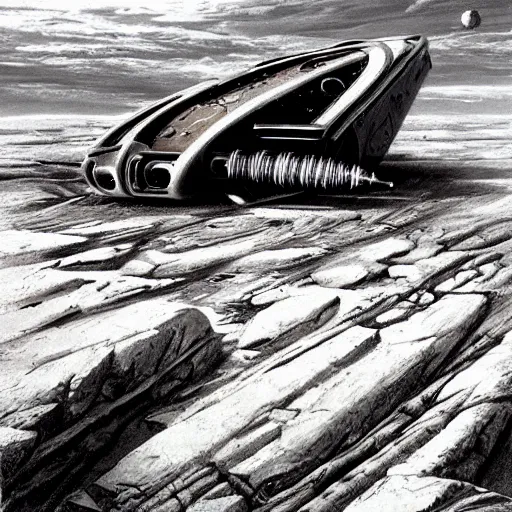Prompt: crashed alien space ship on a desolate rocky world, sci fi concept art by H.R Giger