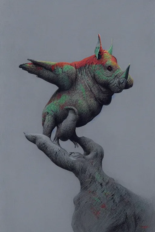 Image similar to painting of cross between parrot & rhino, intercrossed animal, by zdzislaw beksinski, by tiffany bozic, cold hue's, warm tone gradient background, concept art, beautiful composition, digital painting,