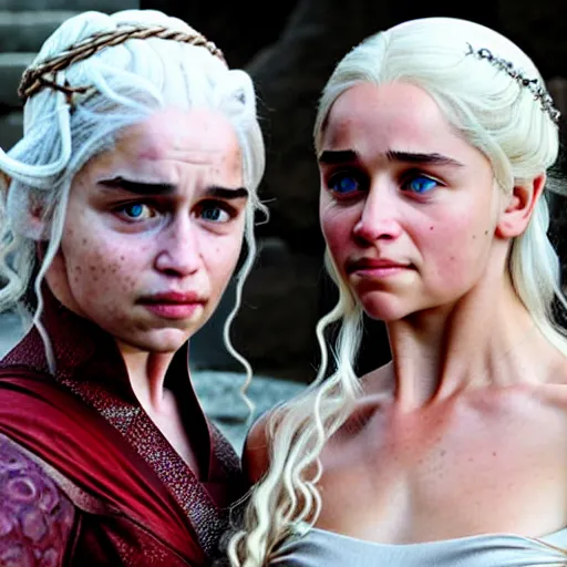 Image similar to a selfie of daenerys targaryen and daenerys targaryen, medium shot, detailed eyes,