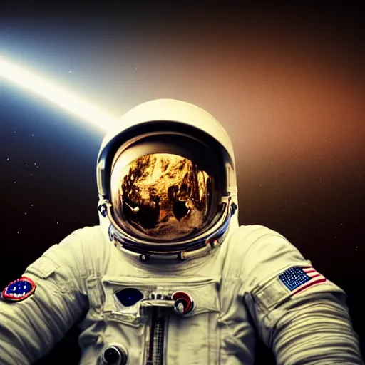 Image similar to photograph of an astronaut against the pitch black darkness of space, full body photo, lit from below, amazing light and shadow contrast,, 8 k