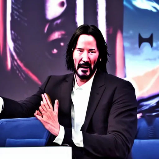 Image similar to Keanu Reeves facepalming over how bad Cyberpunk 2077 was