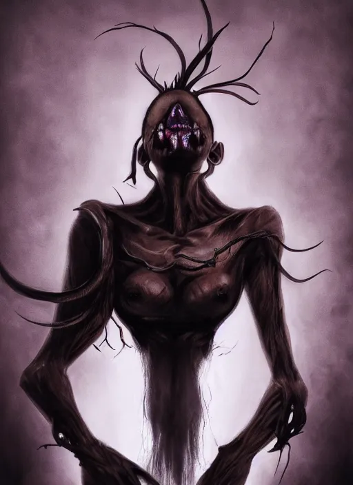 Image similar to dark full body painting of tracer from overwatch, in style of zdzisław beksinski, scary, horror, 4 k, feminine facial features, overwatch tracer character, horror, body horror, disturbing, detailed face, dressed in dark garment, black tendrils, tall,